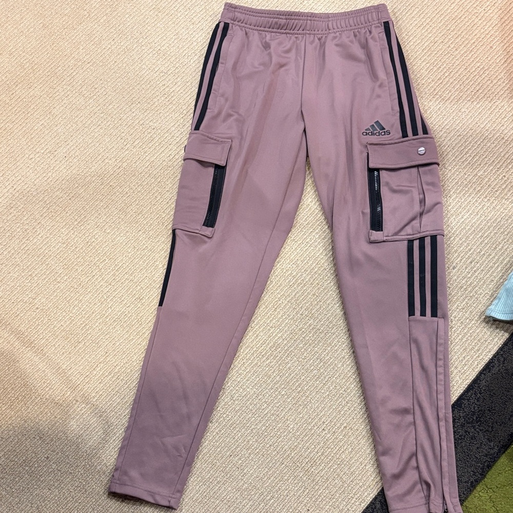 Adidas Mauve Cargo Joggers with Black Stripes